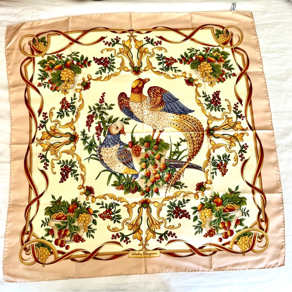Salvatore Ferragamo Silk Scarf in Cream, Gold, Blue, Green, Brown - Picture 3 of 16